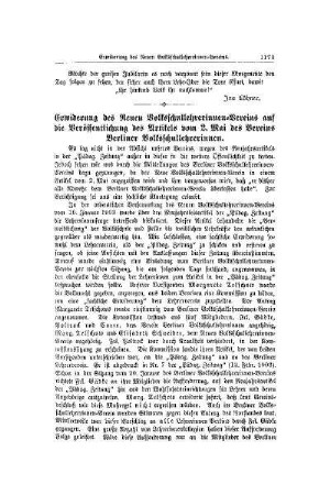 Erwiderung des Neuen Volksschullehrerinnen-Vereins auf die Veröffentlichung des Artikels vom 2. Mai des Vereins Berliner Volksschullehrerinnen