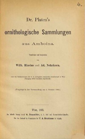 Dr. Platen's ornithologische Sammlungen aus Amboina