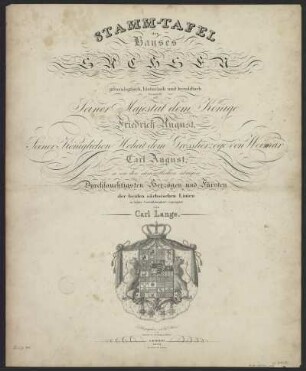 Stammtafeln des Hauses Sachsen, 1823 : Stamm-Tafel des Hauses Sachsen : genealogisch, historisch und heraldisch dargestellt ... / von Carl Lange. - Leipzig : Breitkopf & Härtel , 1823. - Bll. : Lithogr.