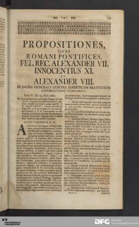 Propositiones, Quas Romani Pontifices, Fel. Rec. Alexander VII. Innocentius XI. Et Alexander VIII.