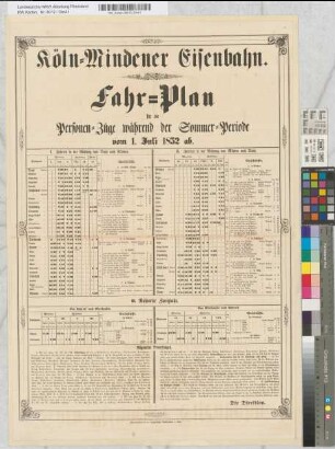 Köln-Mindener Eisenbahn. Fahrplan für die Personen-Züge während der Sommerperiode vom 1. Juli 1852 ab. Langen'sche Buchdruckerei, Köln