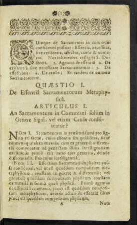 Quaestio I. De Essentia Sacramentorum Metaphysica.
