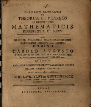 Diss. inaug. de theoriae et praxeos in disciplinis mathematicis differentia et nexu