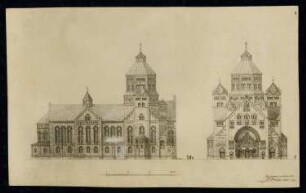 Kirchenentwurf, unbekannter Ort: Außenansichten, Langseite und Hauptfassade