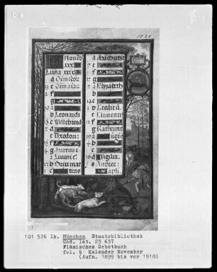 Flämisches Gebetbuch mit Kalender — Kalenderseite November mit Monatsbild und Tierkreiszeichen, Folio 6recto