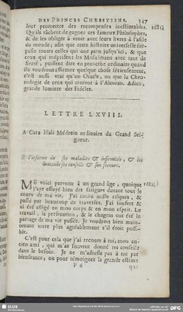 Lettre LXVIII. A cara Hali Médecin ordinaire du Grand Seigneur