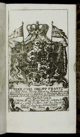 Herr Carl Philipp Frantz[...] - Herr Carl[...] - Herr Frantz[...] - Herr Ioh. Arnold Henrich Ioseph Cramver von Clauspruch[...] - Herr Francis Georgius von Leykamm.