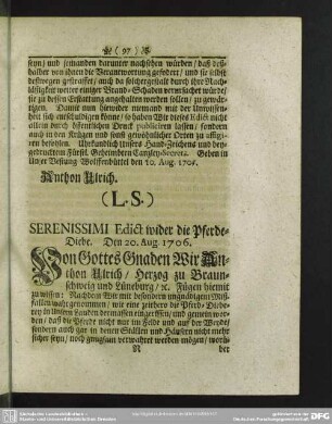 Edict wider die Pferde-Diebe. Den 20. Aug. 1706