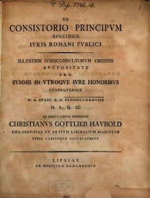 De Consistorio Principvm Specimen Ivris Romani Pvblici, [1]
