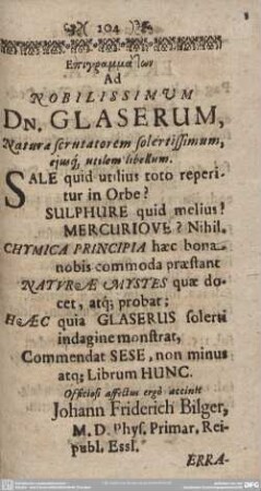 Ad NOBILISSIMUM DN. GLASERUM, Natura a scrutatorem solertissimum, eiusq, utilem libellum.