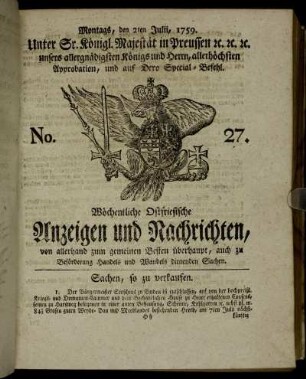 No. 27. Montags, den 2ten Julii, 1759.