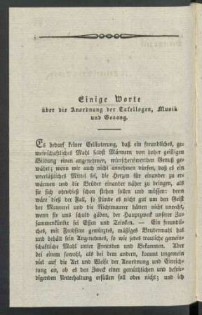 Einige Worte über die Anordnung der Tafellogen, Musik und Gesang.