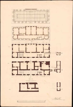 Schloss Klein-Skal bei Turnau Umbau: Grundriss Keller, Erdgeschoss, Obergeschoss, Dachgeschoss 1:75