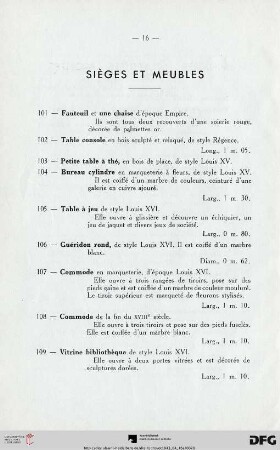 Sièges et meubles (Nr. 101-128)