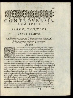 Controversiarum Iuris Liber Tertius.