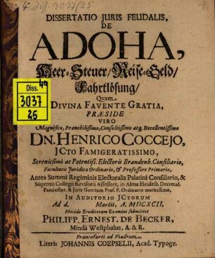 Diss. iur. feud. de Adoha, Heer-Steuer, Reise-Geld, Fahrtlösung