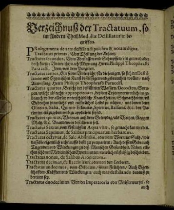 Verzeichnuß der Tractatuum, so im Andern Theil Medullæ Destillatoriæ begriffen.