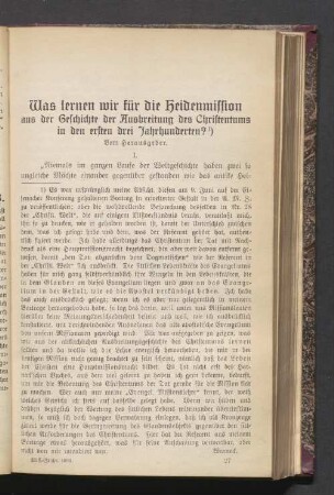 Was lernen wir für die Heidenmission aus der Geschichte der Ausbreitung des Christentums in den ersten drei Jahrhunderten