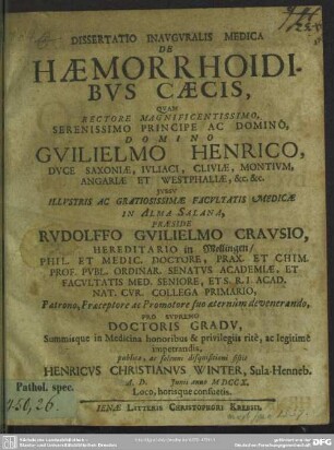 Dissertatio Inauguralis Medica De Haemorrhoidibus Caecis