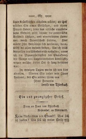 Ein und zwanzigster Brief. Flora an Frau Thierbach