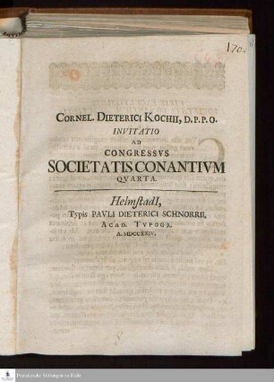 Cornel. Dieterici Kochii, D.P.P.O. Invitatio Ad Congressvs Societatis Conantivm Qvarta