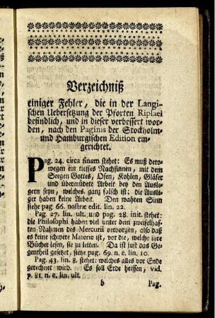 Verzeichniß einiger Fehler, [...]