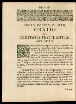 Georg. Wolffg. Wedelii, Oratio De Diritatis Pestilentiae Antidoto.