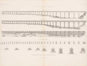 Neiße-Viadukt, Görlitz: Grundriss, Ansicht, Längsschnitt, Ansicht, Querschnitte Gerüst (aus: Atlas zur Zeitschrift für Bauwesen, hrsg. v. G. Erbkam, Jg. 5, 1855)