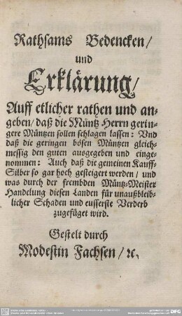 Rathsams Bedencken/ und Erklärung/