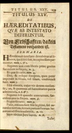 Titulus XXV. De Haereditatibus, Quae Ab Intestato Deferuntur. Von Erbschafften / da kein Testament vorhanden ist