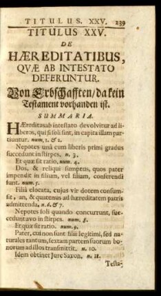 Titulus XXV. De Haereditatibus, Quae Ab Intestato Deferuntur. Von Erbschafften / da kein Testament vorhanden ist