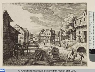Dorfstraße am Mühlbach mit Reisewagen von hinten