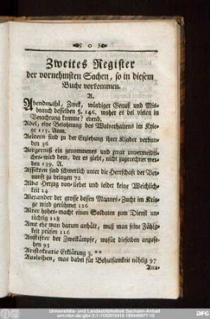 Zweites Register der vornehmsten Sachen, so in diesem Buche vorkommen.