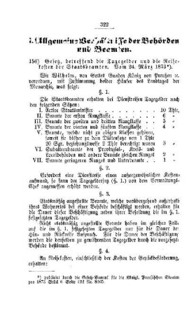 Gesetz, betreffend die Tagegelder und die Reisekosten der Staatsbeamten : [I. Allgemeine Verhältnisse der Behörden und Beamten]