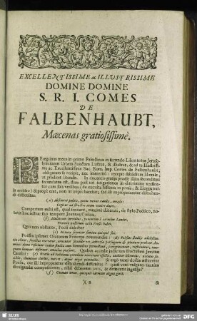 Excellentissime ac Illustrissime Domine Domine S. R. I. Comes De Falbenhaubt, Maecenas gratiosissime