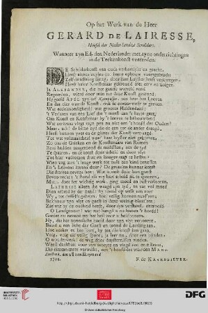 Op het Werk van de Heer Gerard de Lairesse, [...]