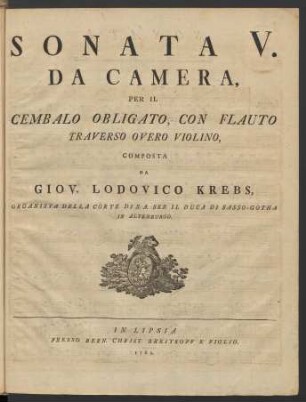 Sonata V. Da Camera Per Il Cembalo Obligato Con Flauto Traverso, Overo Violino