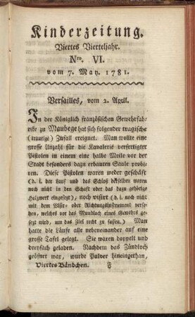 Kinderzeitung. Viertes Vierteljahr. Nro. VI. vom 7. May. 1781.