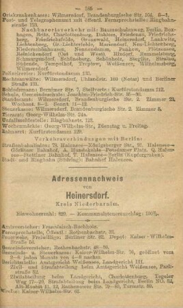 Adressennachweis von Heinersdorf. Kreis Niederbarnim