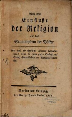 Von dem Einfluße der Religion auf das Staatssystem der Völker