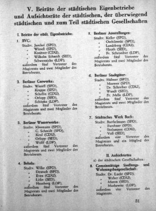 V. Beiräte der städtischen Eigenbetriebe und Aufsichtsräte der städtischen, der überwiegend städtischen und zum Teil städtischen Gesellschaften