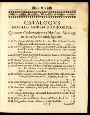 Catalogus Noblissimorum Dominorum, Quorum Observationes Physico-Medicae in his duabus Centruiis leguntur.