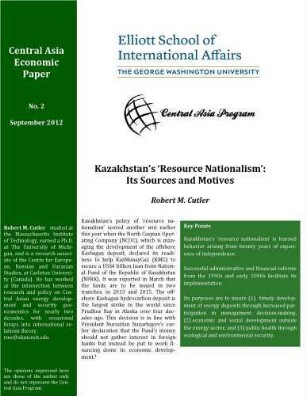 Kazakhstan's 'resource nationalism' : its sources and motives