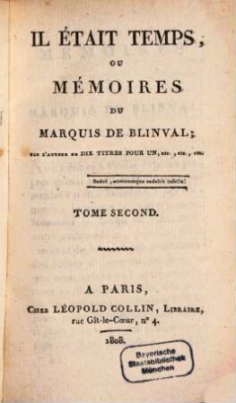 Il était temps, ou mémoires du Marquis de Blinval, 2