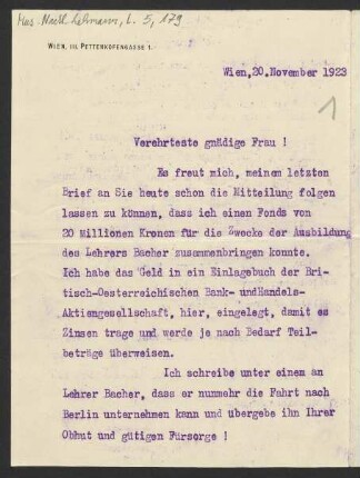 Brief an Lilli Lehmann : 20.11.1923