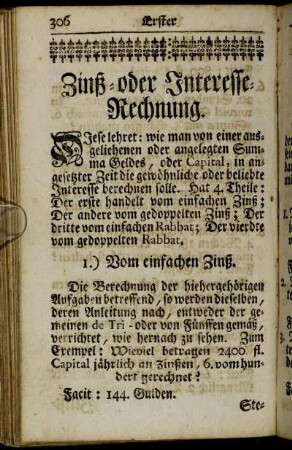 Zinß- oder Interesse-Rechnung.