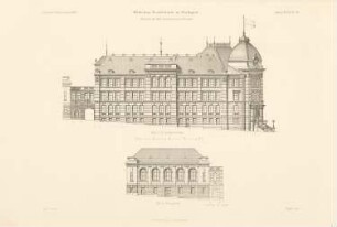 Wilhelms-Realschule, Stuttgart: Ansichten Schulgebäude, Turnhalle (aus: Atlas zur Zeitschrift für Bauwesen, hrsg. v. Ministerium der öffentlichen Arbeiten, Jg. 47, 1897)