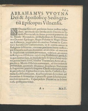 Abrahamus Woyna Dei & Apostolice Sedis gratia Episcopus Vilnensis.