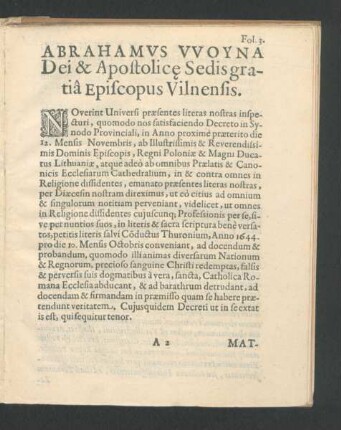 Abrahamus Woyna Dei & Apostolice Sedis gratia Episcopus Vilnensis.