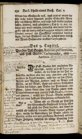 Das 9. Capitel. Von den Pest-Beulen, Bubones pestilentiales, und Pest-Blasen, Carbunculus, oder Anthrax.